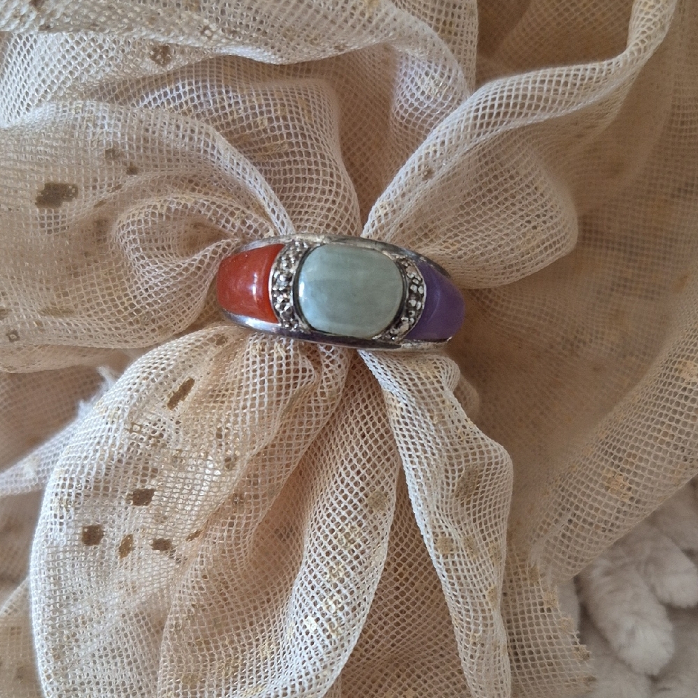 925 Stirling Silver Multicolor Jade Stone Ring